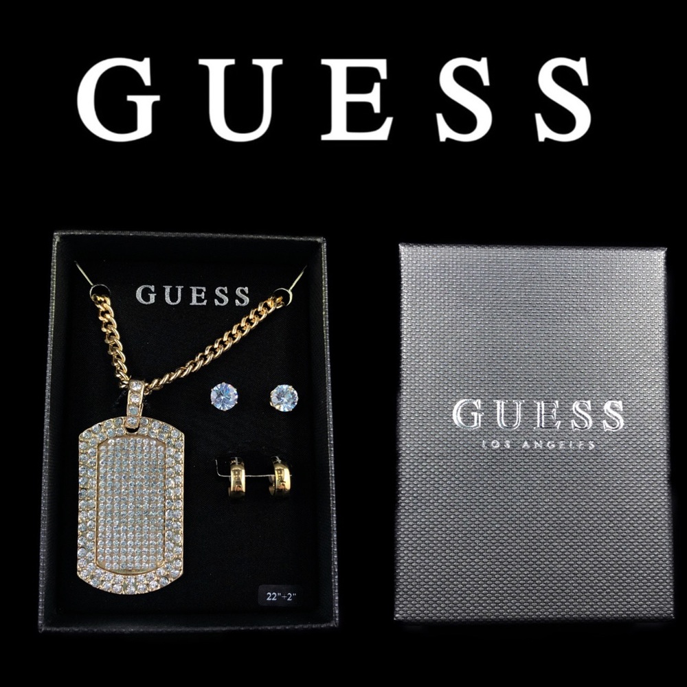 Guess Gold Tone Bling Dog Tag Necklace and Earring Boxed Set